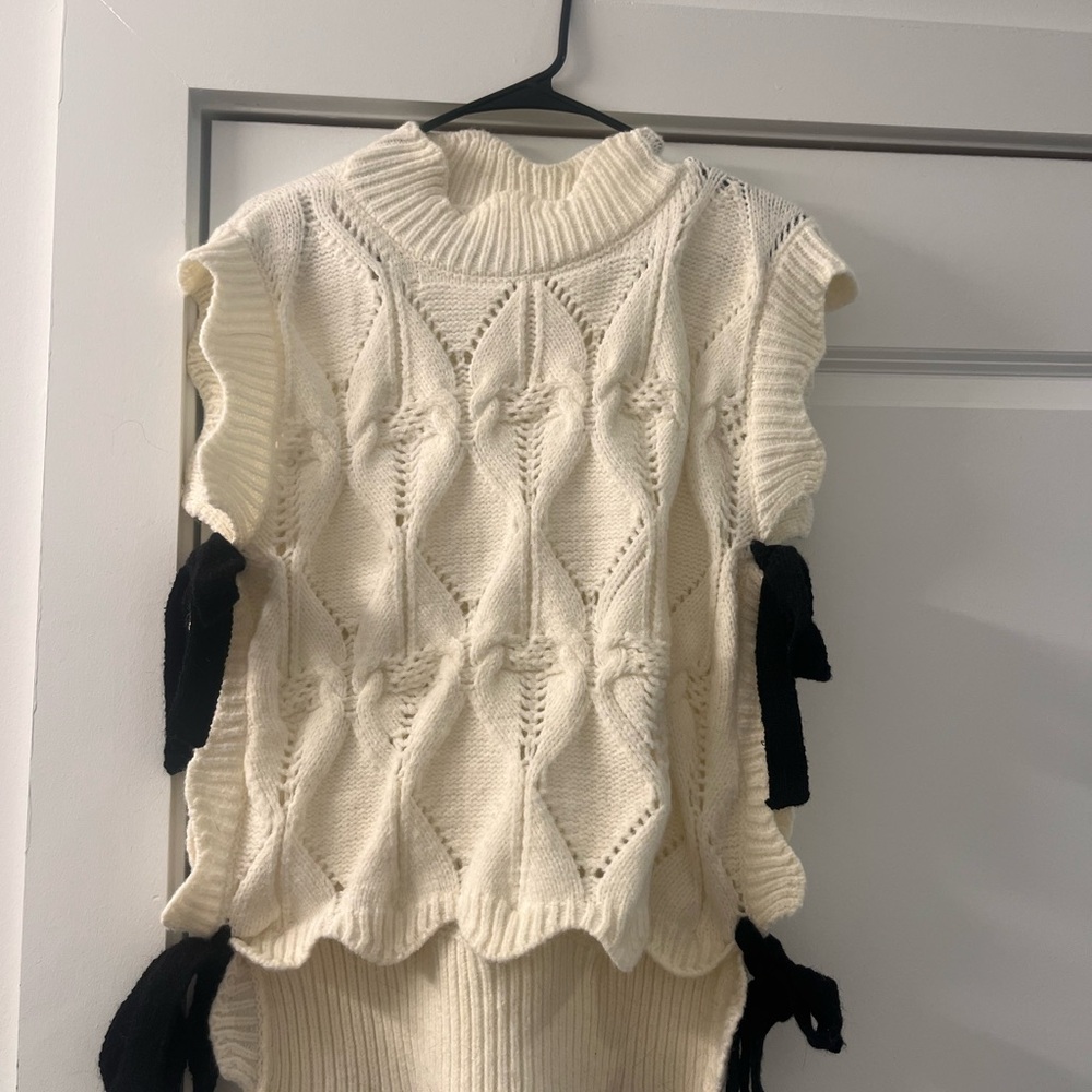 Anthropologie Cream and Black Crew Neck Sweater